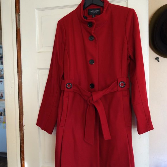 Centigrade Red Wool Blend Funnel Neck Coat with Self-Tie Belt Size Medium - Picture 1 of 5